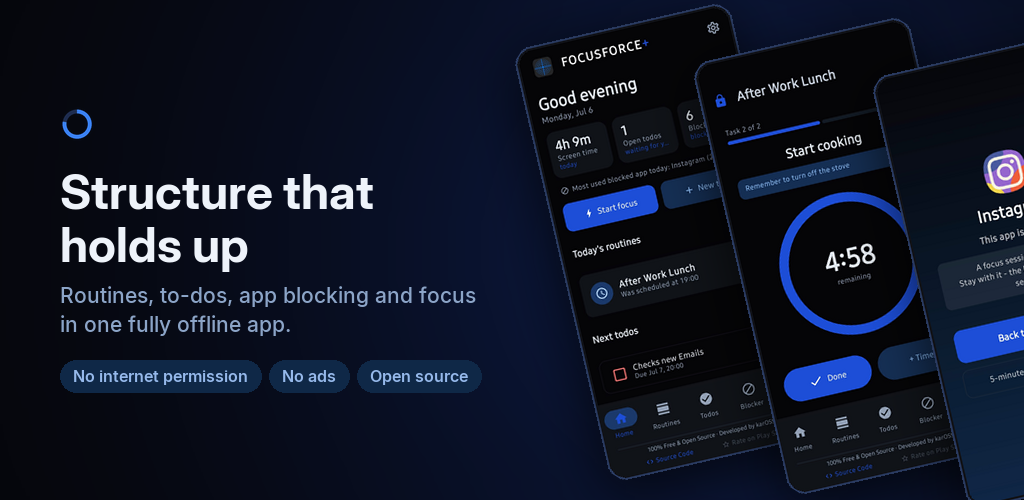 Routines, to-dos, app blocking and focus in one fully offline app