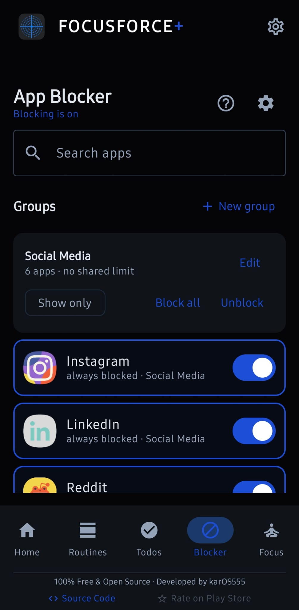 The app blocker, listing blocked apps with their daily time limits