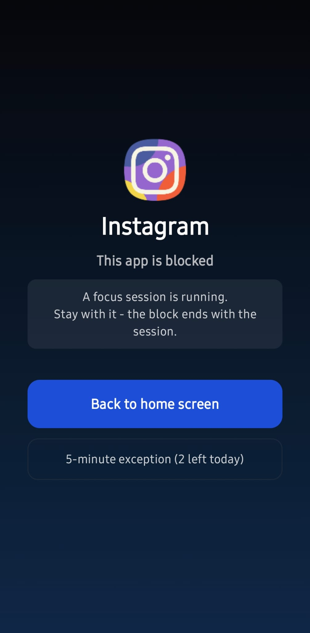 A running focus session with its remaining time and the apps it blocks