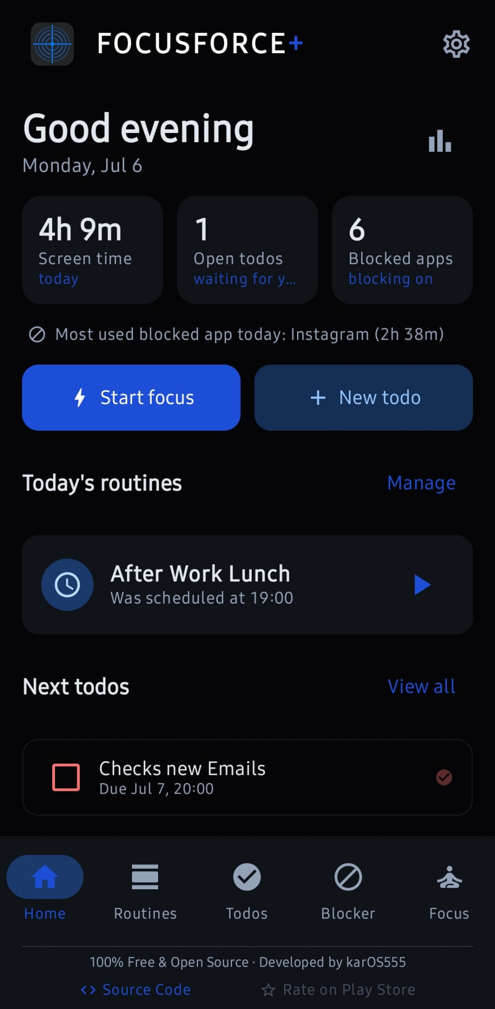 The FocusForce+ home dashboard, showing today's routines, the next to-dos and screen time