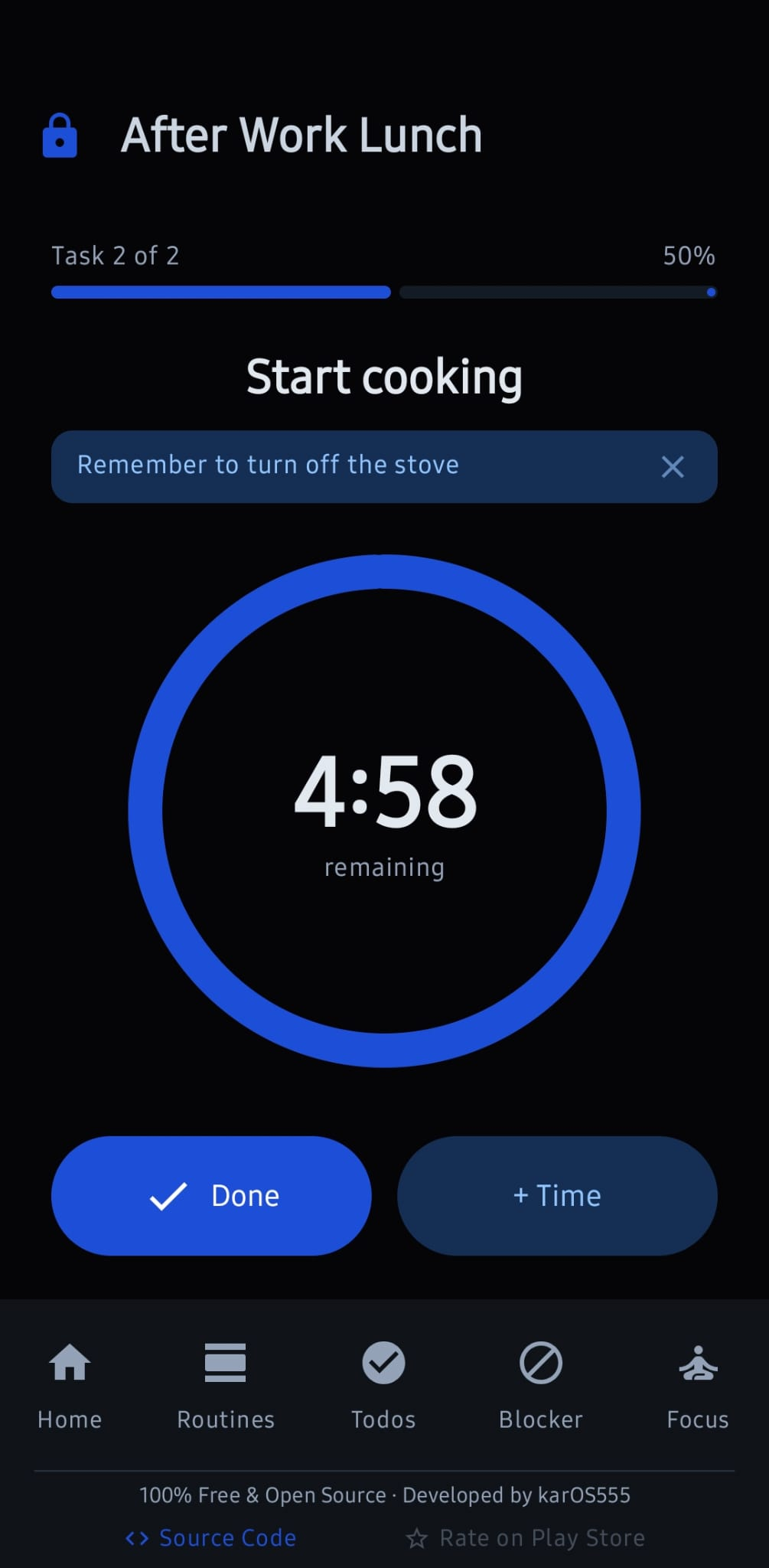 An active routine, counting down the current step with the next step listed below
