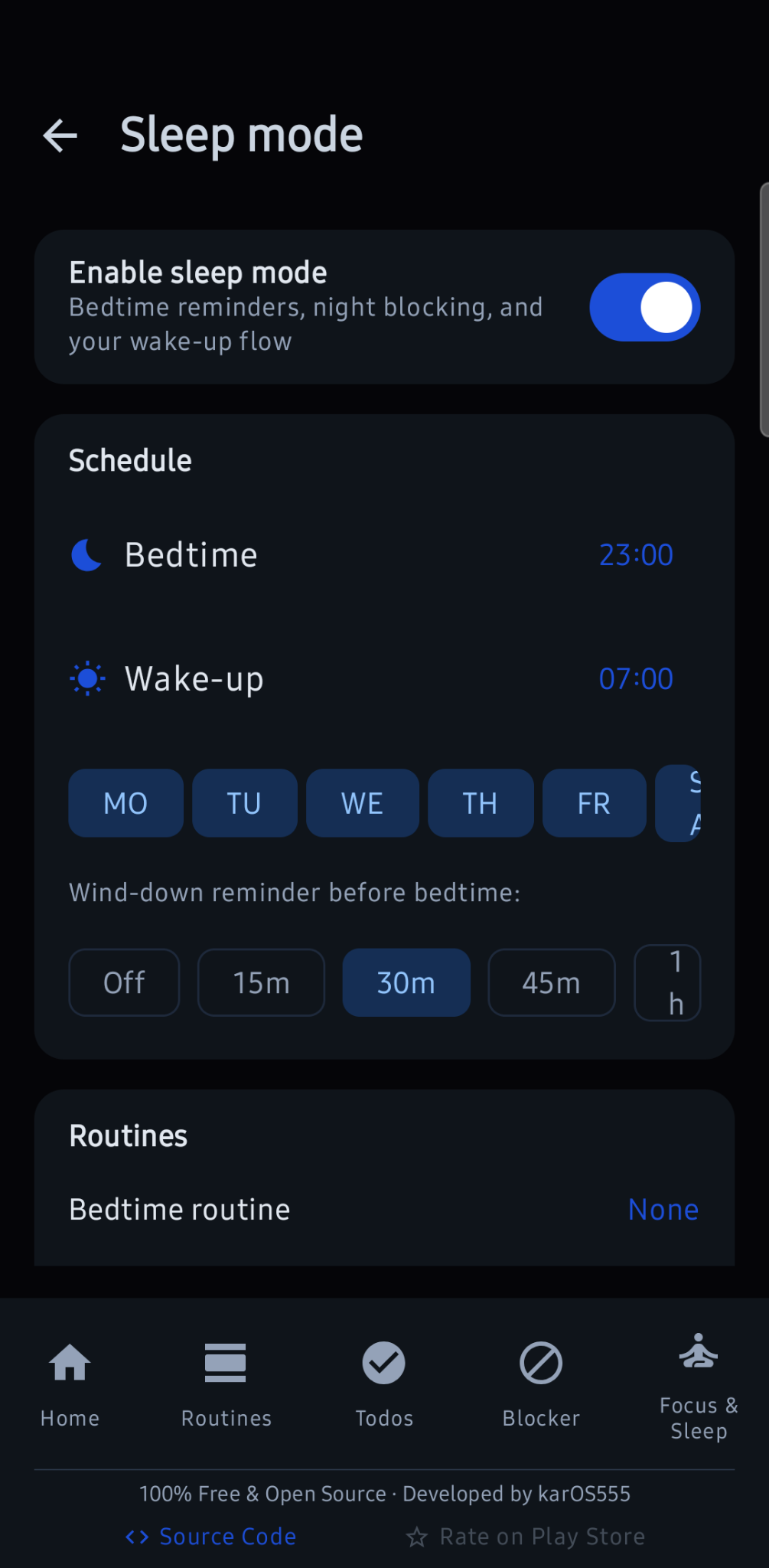 Sleep mode settings: bedtime 23:00, wake-up 07:00, the weekdays it runs on, and a 30-minute wind-down reminder