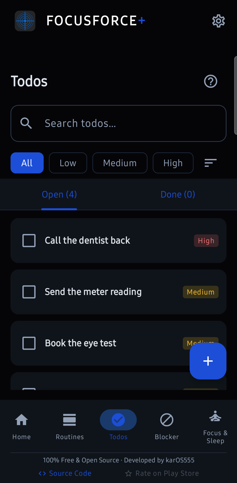 The to-do list with a search field, priority filters, and open items tagged High and Medium